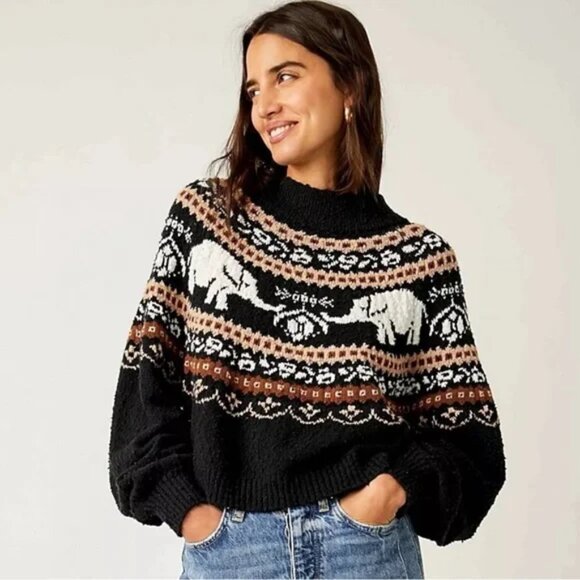 Free People Oversized boxy boucle Nellie Fair Isle Elephant Cozy Sweater 🐘 ❤️ - Picture 6 of 10